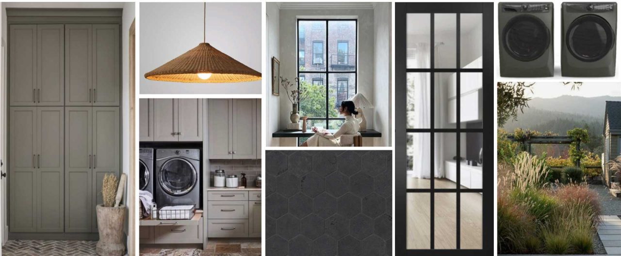 Collage featuring a gray kitchen and laundry area, wicker light fixture, person working by a window, black hexagonal tiles, glass-paneled door, green washer and dryer, and a garden with mountain view.