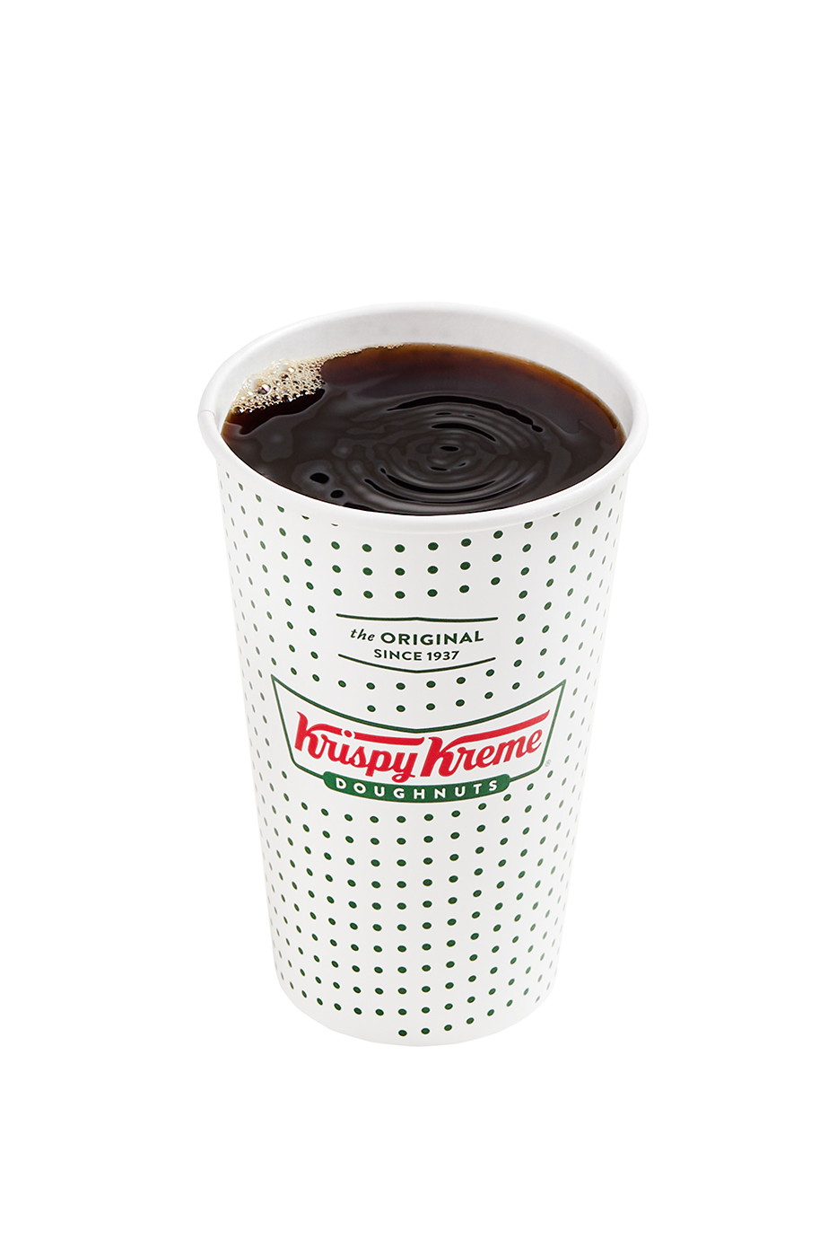Photograph on white background of Krispy Kreme hot coffee beverage for on line ordering