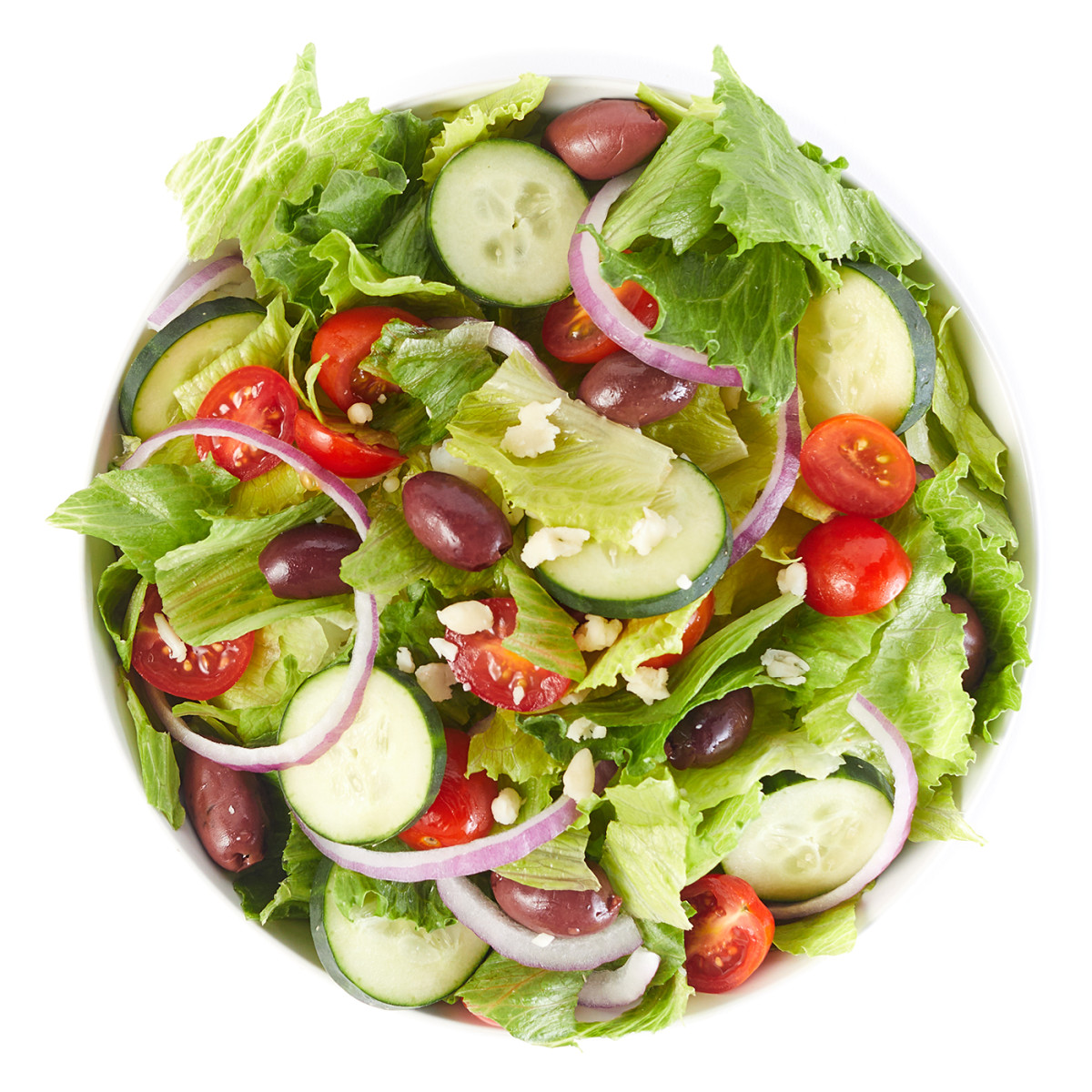beautiful food styling and photography of greek salad on white background for e-commerce website.