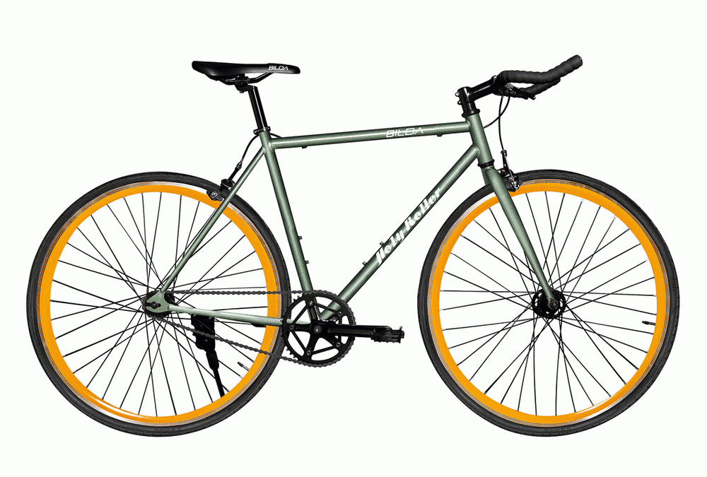 E-commerce product photography of a Bilda Bike Holy Roller bike in green