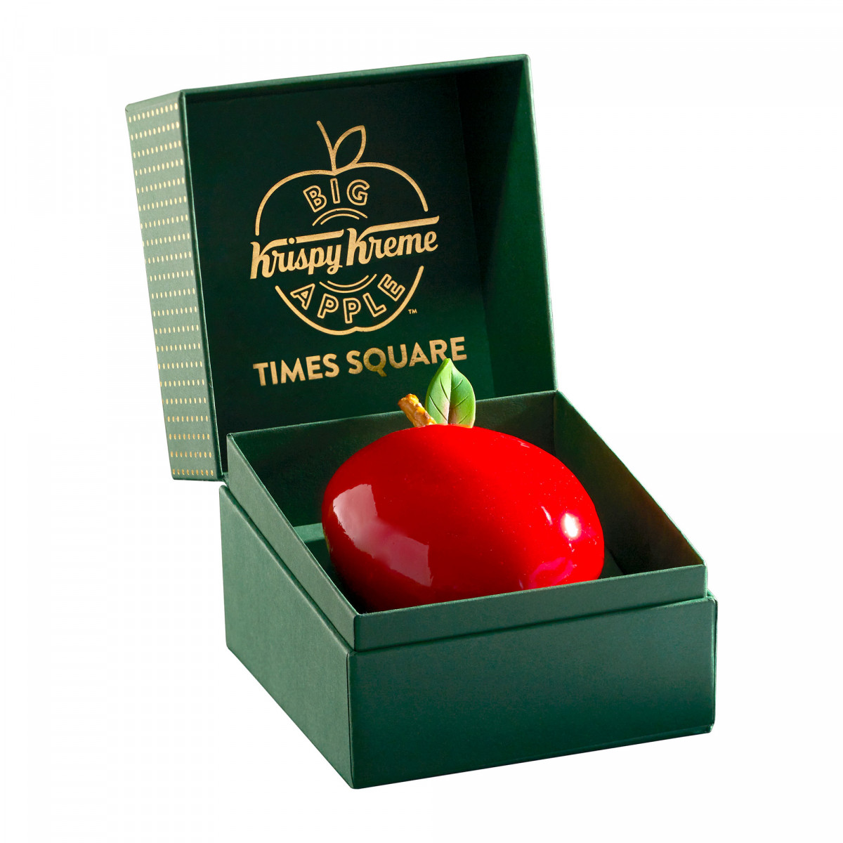 Food product photography of Krispy Kreme Big Apple doughnut in green presentation box
