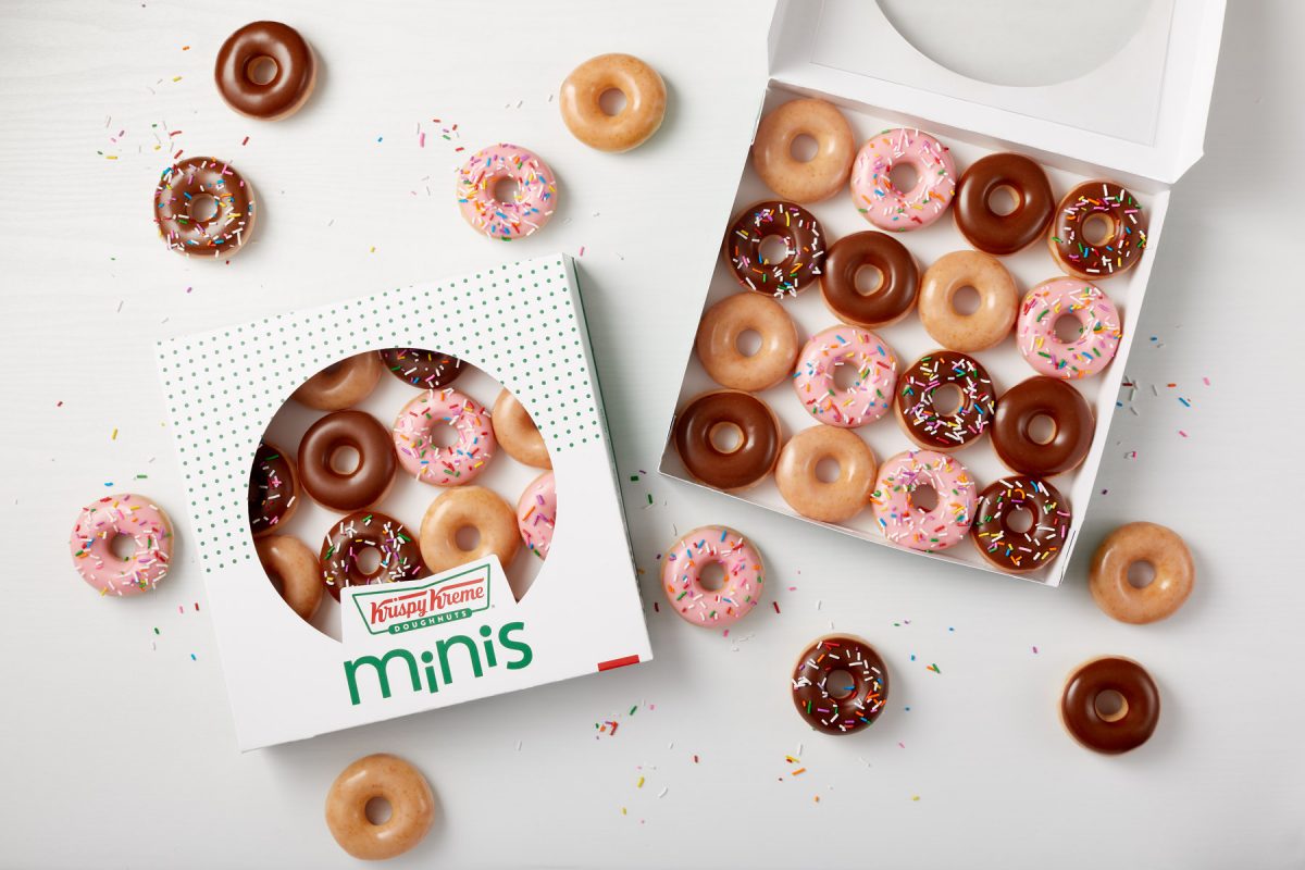 Commercial food product photography of mini doughnuts in a box from Krispy Kreme